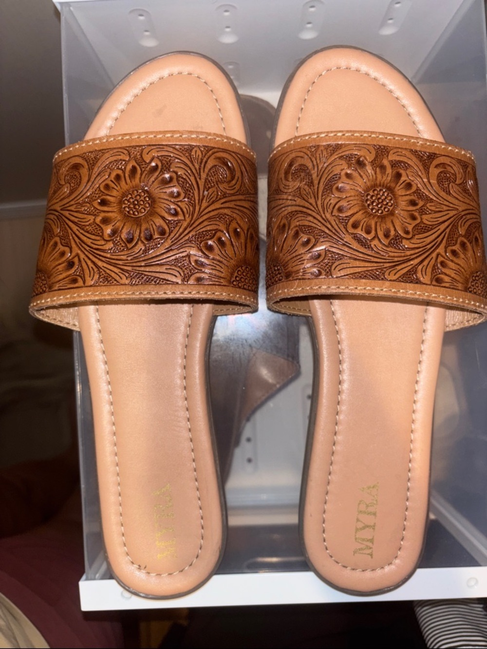 Myra Bag Brown Floral Tooled Leather Slide Mules